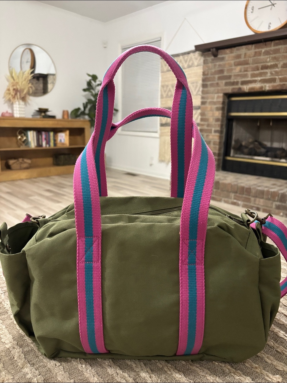 Ralph Lauren Olive Green Canvas Duffel with Pink & Teal Straps - Picture 3 of 10